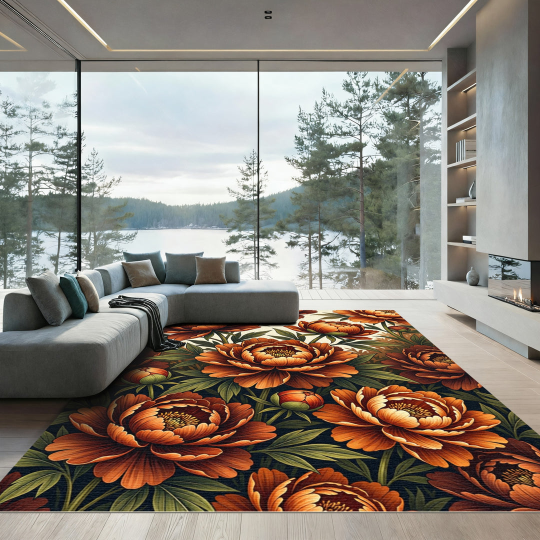 Orange Peony Floral Arrangement Rug