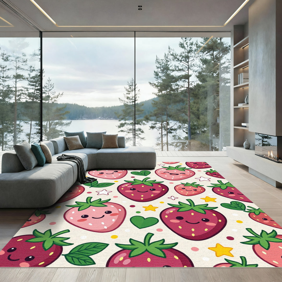 Happy Pink Strawberry Hearts and Stars Rug