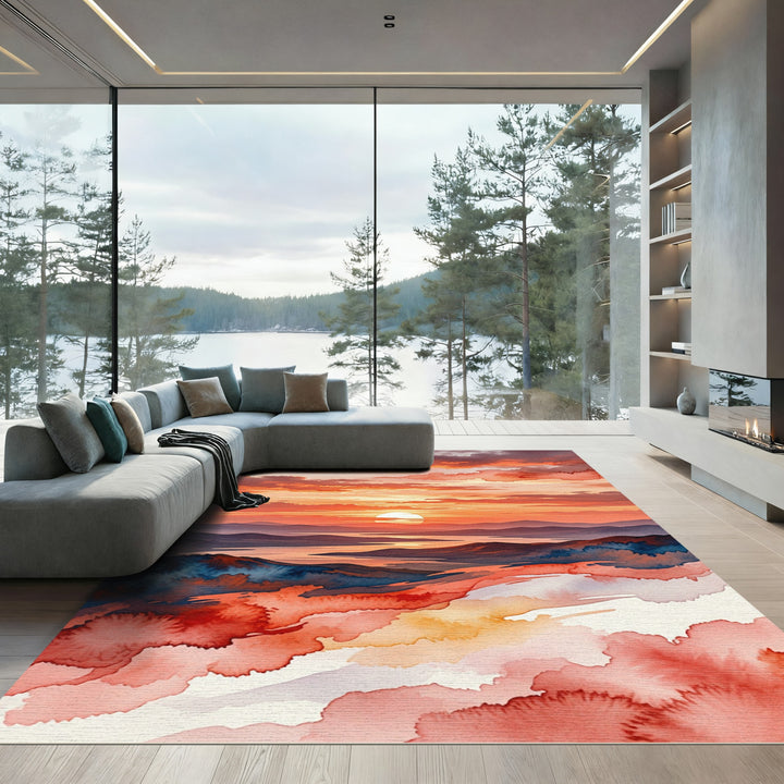 Crimson Sunset Mountain Landscape Watercolor Rug