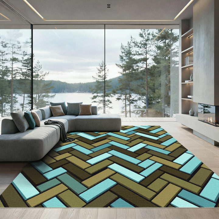 Aqua Brown Herringbone Geometric Rug