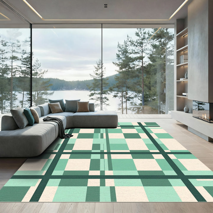 Modern Teal Plaid Geometric Rug
