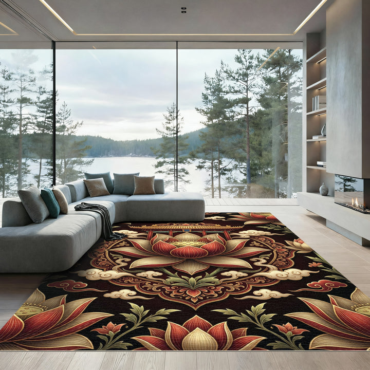Grand Red Lotus Palace Clouds Rug