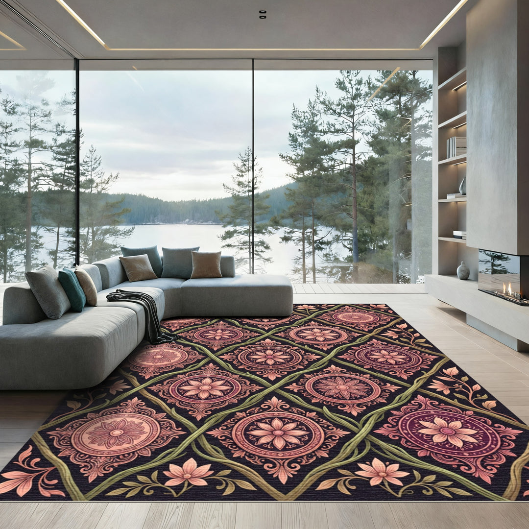 Rose Gold Floral Medallion Lattice Rug