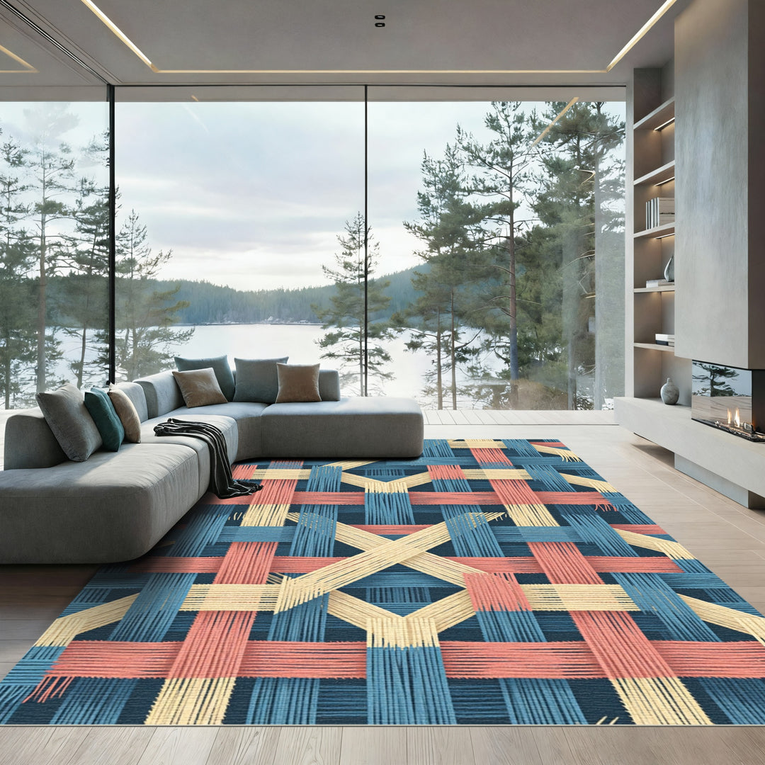 Woven Basketweave Textured Stripes Rug