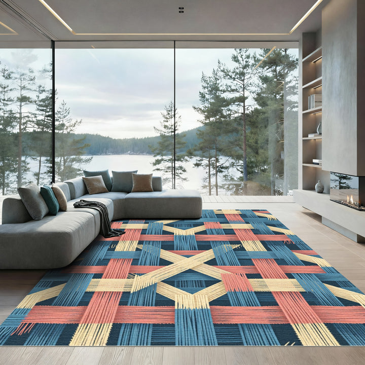 Woven Basketweave Textured Stripes Rug