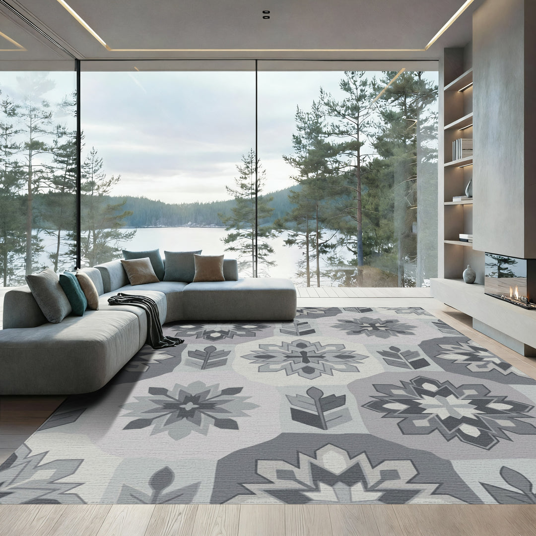 Monochromatic Geometric Floral Applique Rug