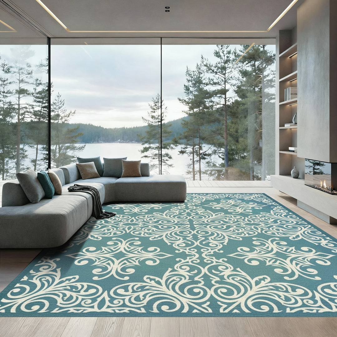 Ornate Teal White Scrollwork Rug