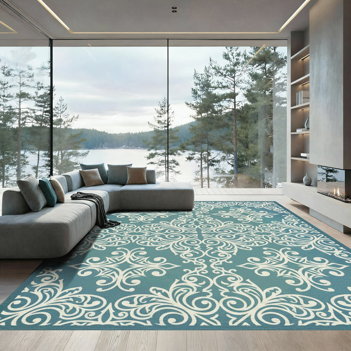 Ornate Teal White Scrollwork Rug