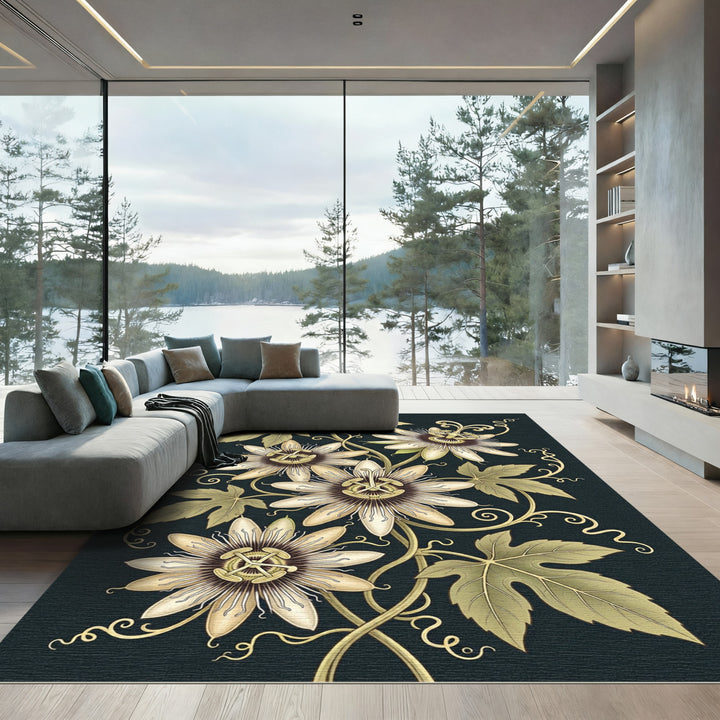 Elegant Beige Passion Flower Vines Rug