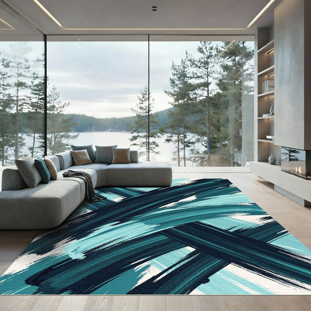 Deep Teal Abstract Brush Stroke Rug
