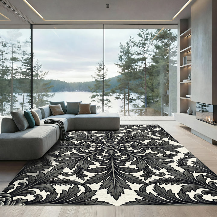 Ornate Black Acanthus Scroll Wallpaper Rug
