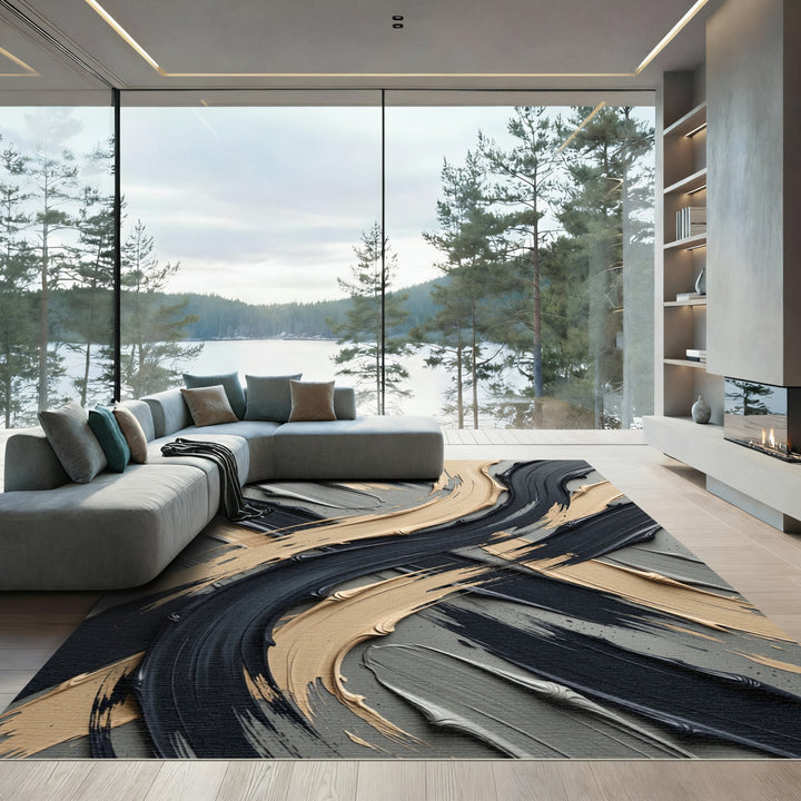 Textured Tan Black Gray Brush Strokes Rug