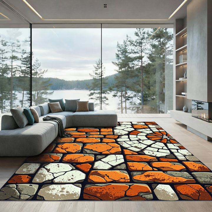 Orange White Stone Mosaic Medallion Rug