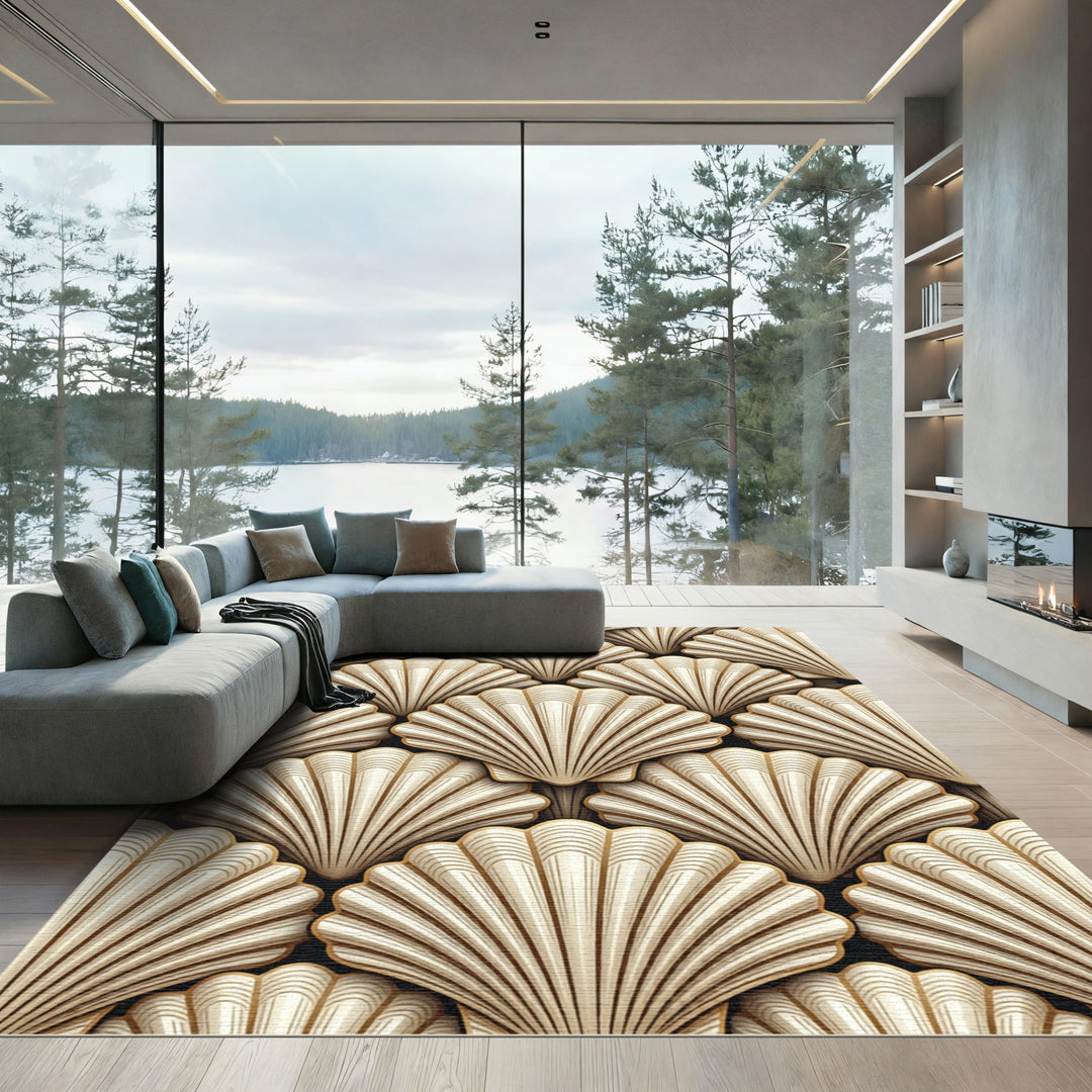 Elegant Cream Scallop Shell Layered Rug