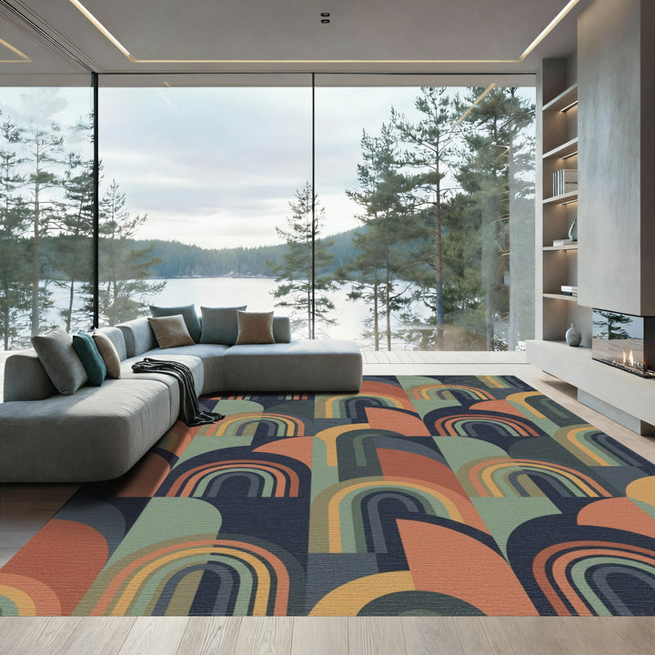 Retro Rainbow Arch Geometric Rug