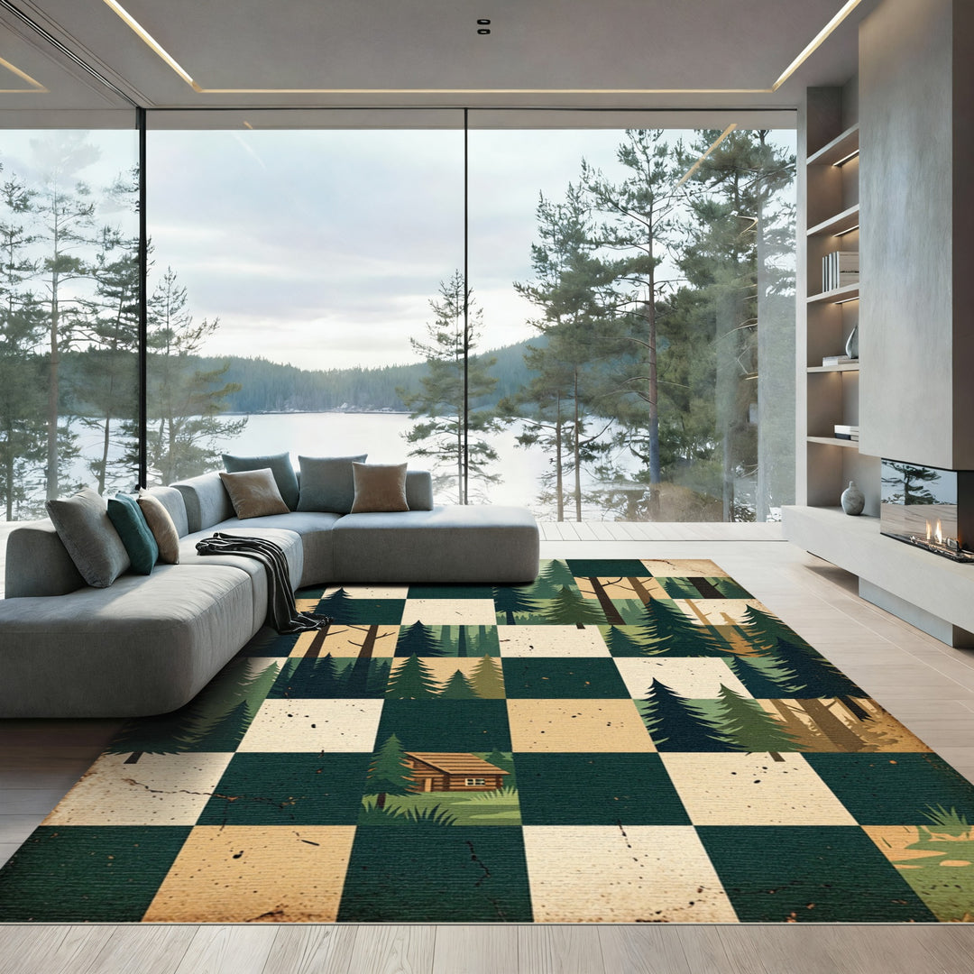 Woodland Cabin Green Forest Squares Rug