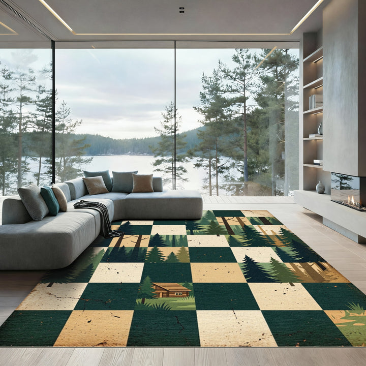 Woodland Cabin Green Forest Squares Rug