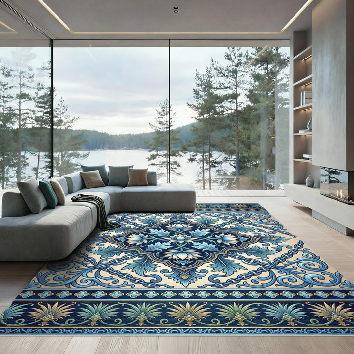 Ornate Blue Lotus Scroll Border Rug