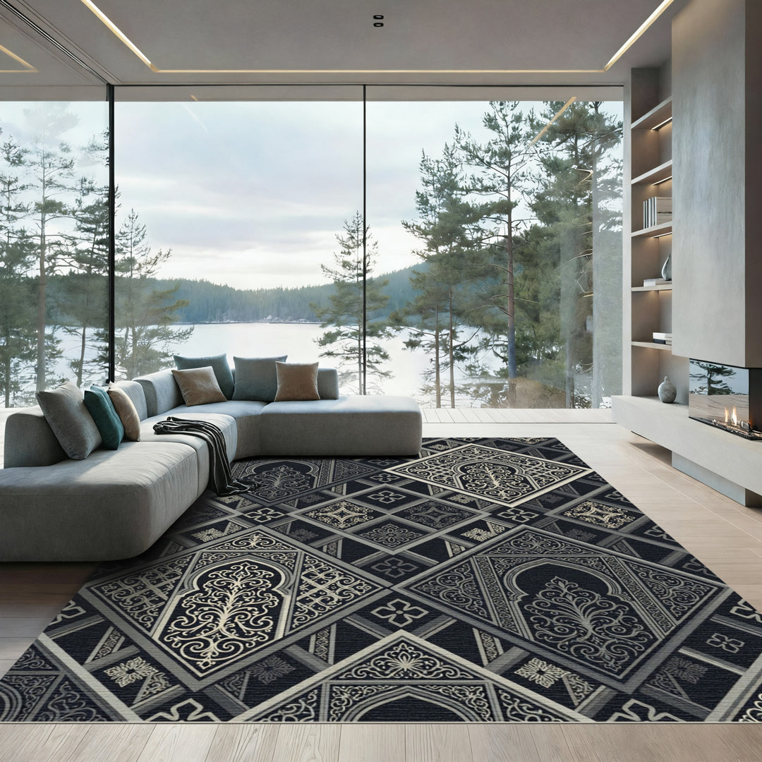 Elegant Silver Arabesque Trellis Rug