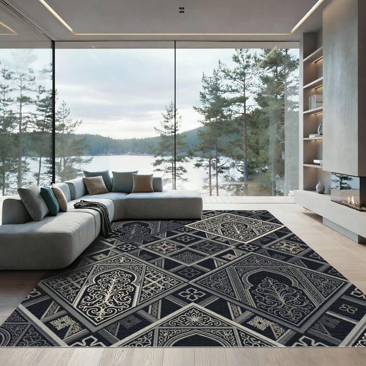 Elegant Silver Arabesque Trellis Rug