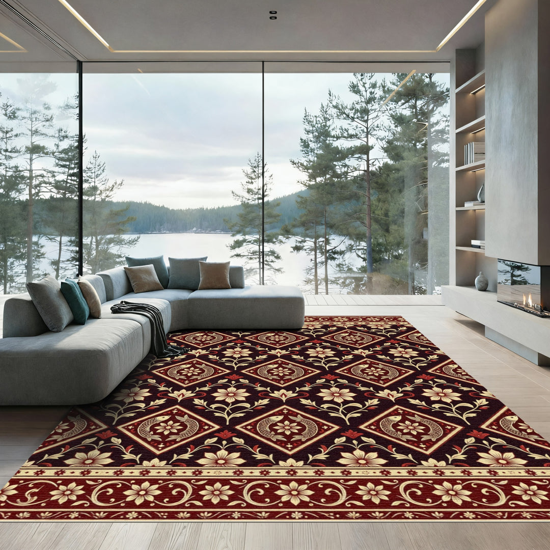 Deep Burgundy Floral Diamond Fish Rug