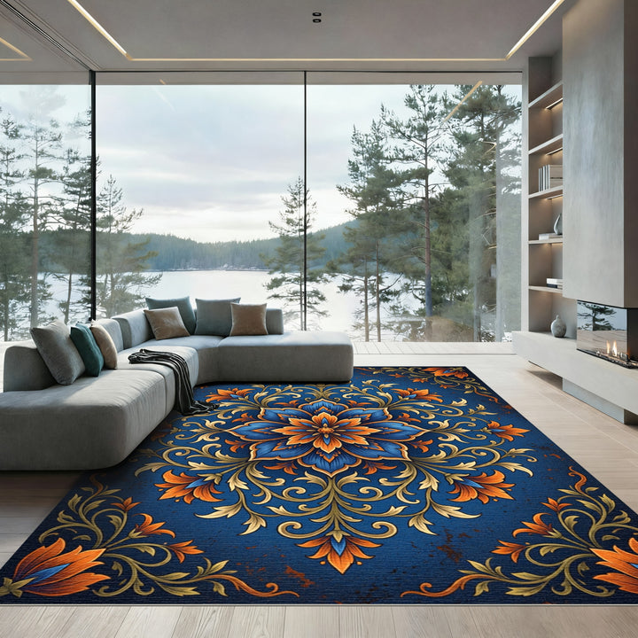 Ornate Blue Orange Floral Medallion Rug