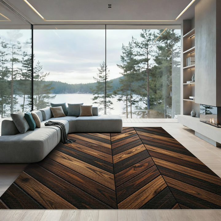 Rustic Wood Grain Chevron Rug