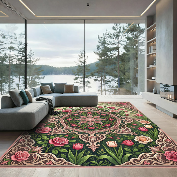 Ornate Pink Rose Garden Medallion Rug