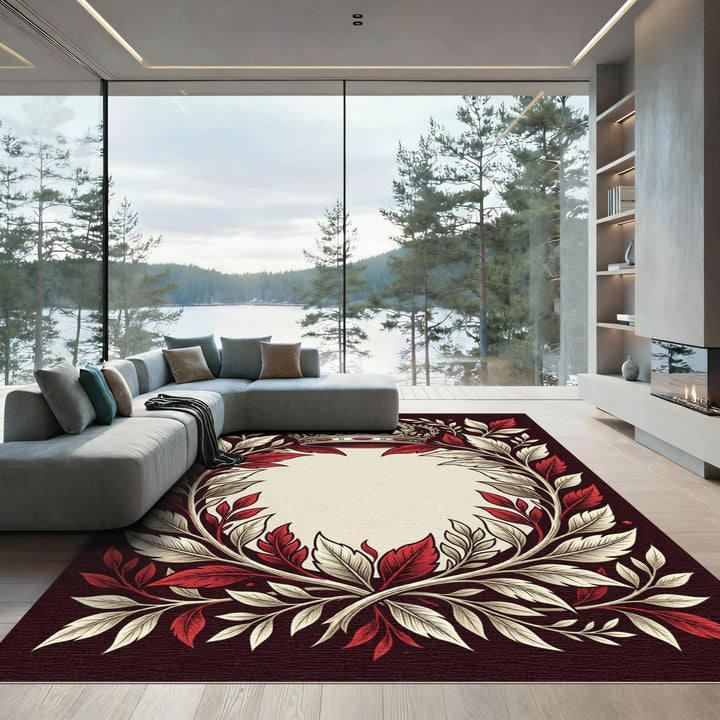 Regal Crown Red Cream Leaf Wreath Rug
