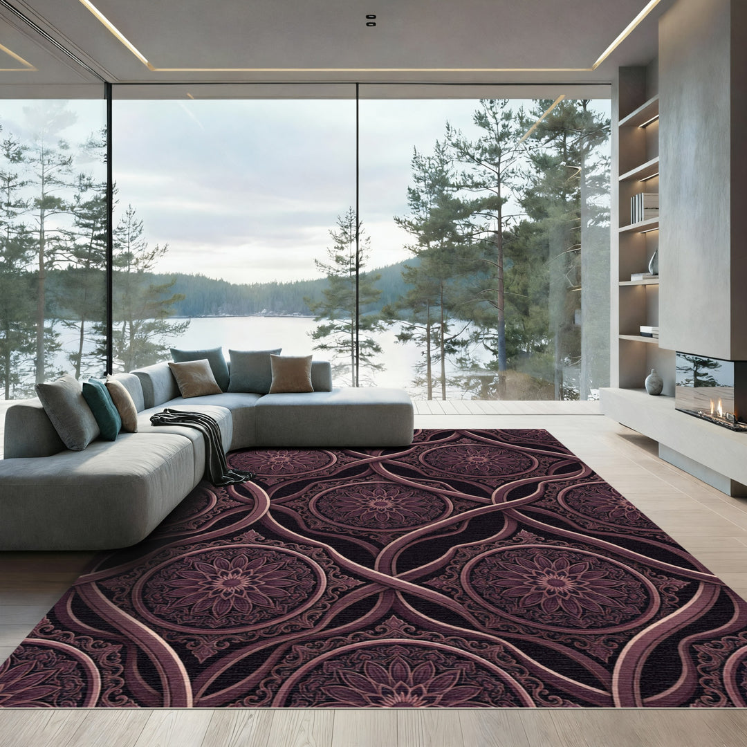 Dark Plum Arabesque Mandala Rug