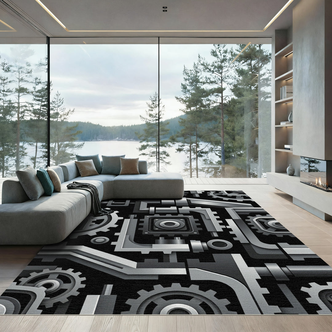 Industrial Gear and Pipe Composition Rug