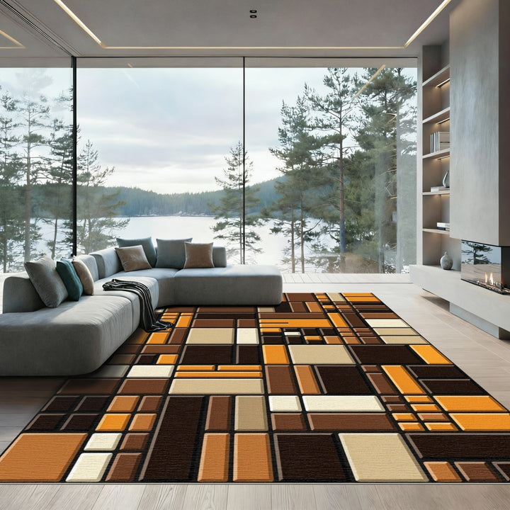 Warm Earth Tone Geometric Blocks Rug