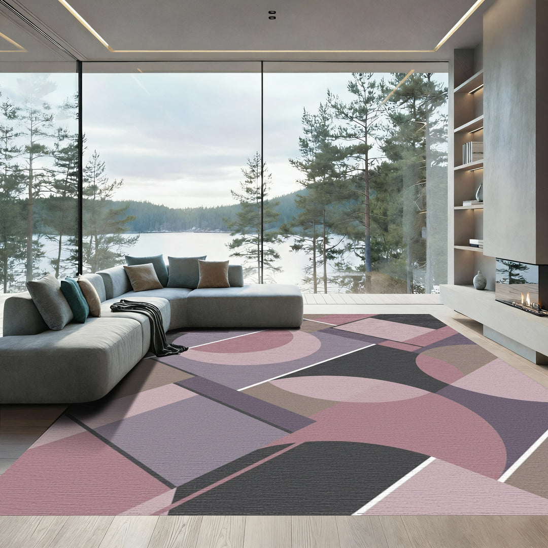 Mauve Gray Circles Squares Geometric Rug