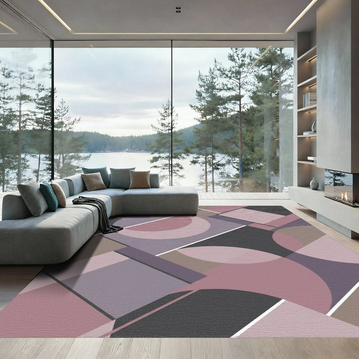 Mauve Gray Circles Squares Geometric Rug
