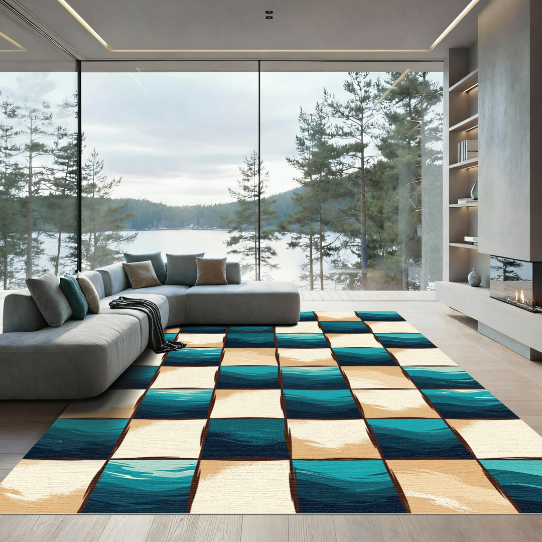 Bold Teal Ocean Wave Checkerboard Rug