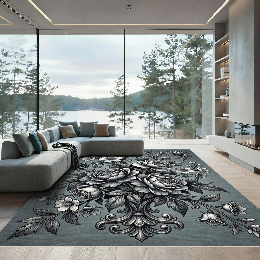 Monochromatic Floral Scroll Arrangement Rug