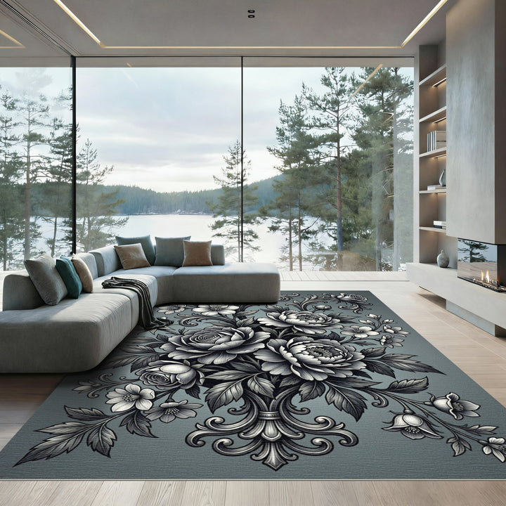 Monochromatic Floral Scroll Arrangement Rug
