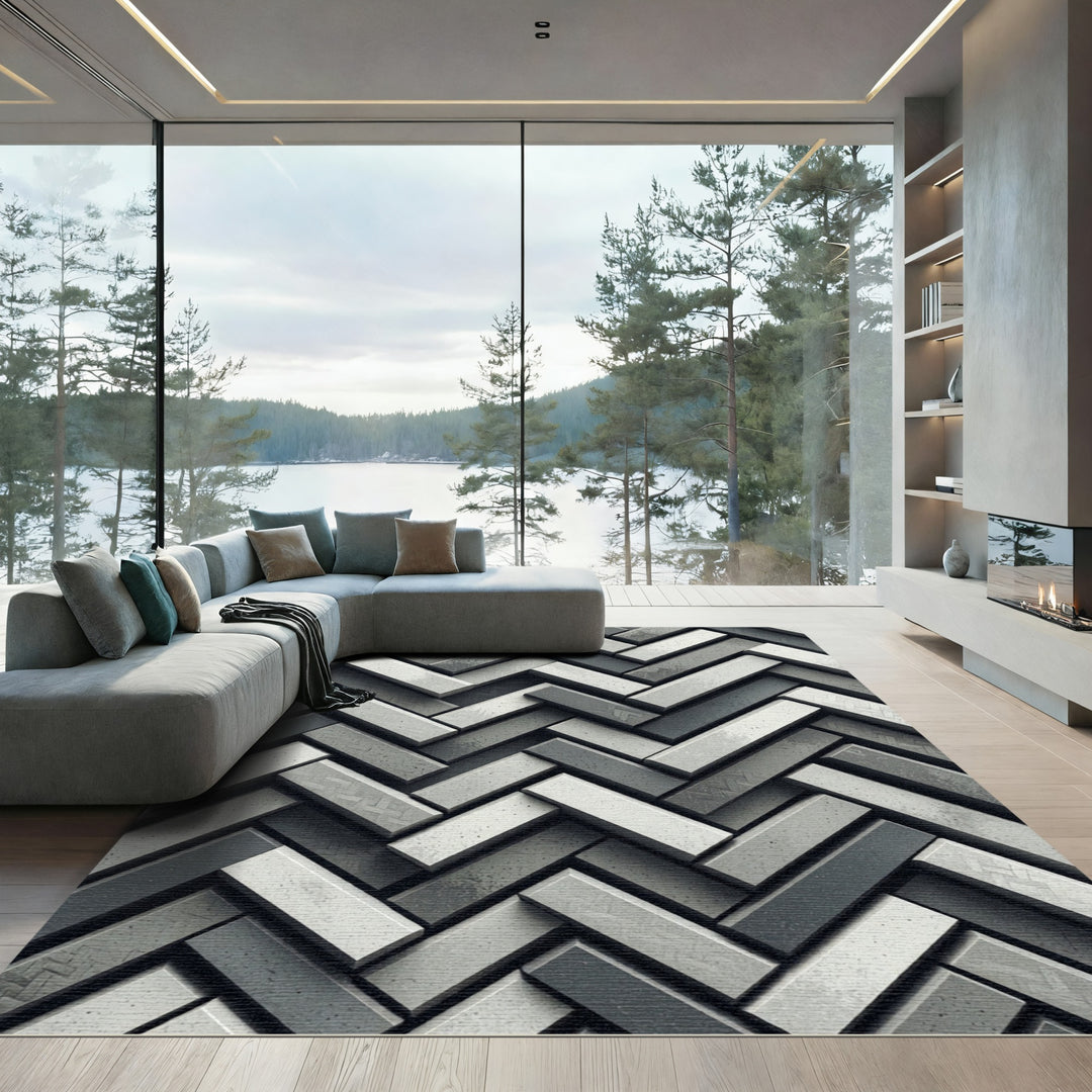 Monochromatic Herringbone Stone Texture Rug