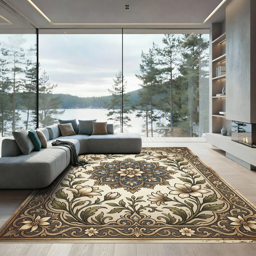 Elegant Ivory Floral Mandala Border Rug