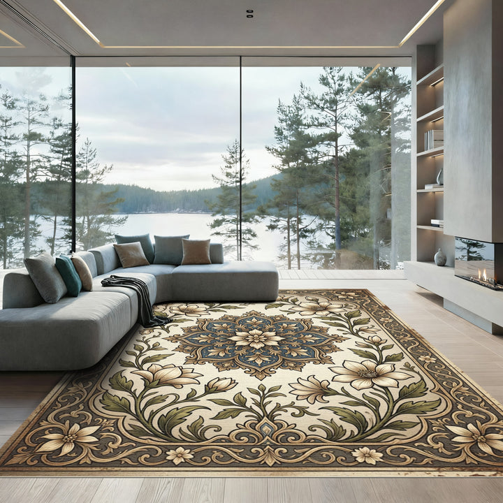 Elegant Ivory Floral Mandala Border Rug