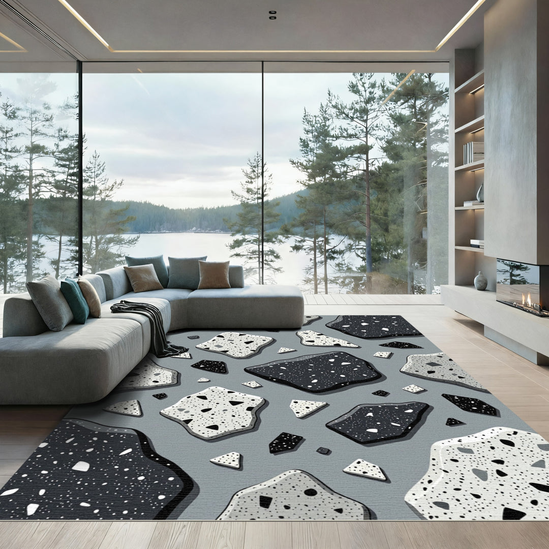 Abstract Black and White Terrazzo Pieces Rug