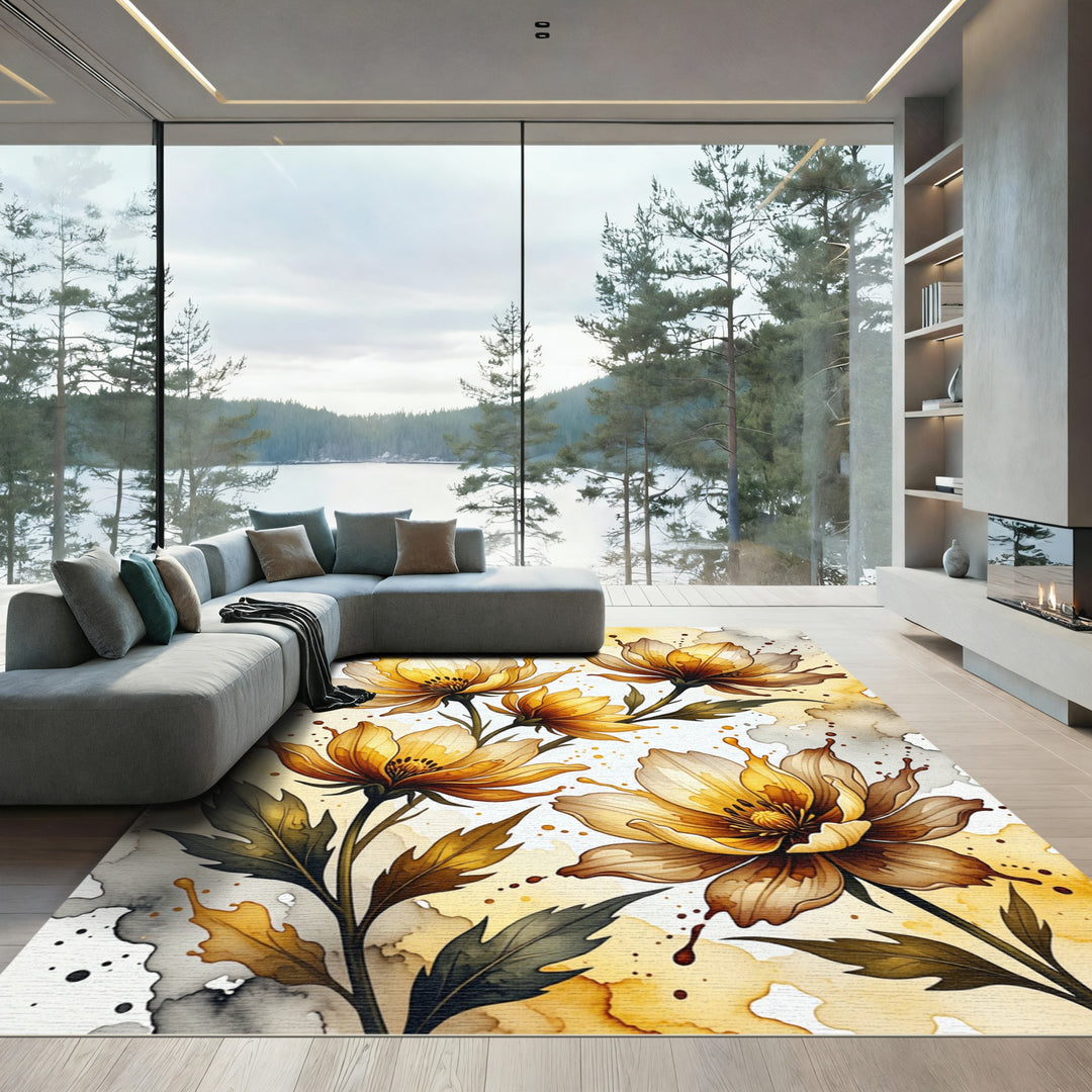 Golden Watercolor Floral Splatter Rug