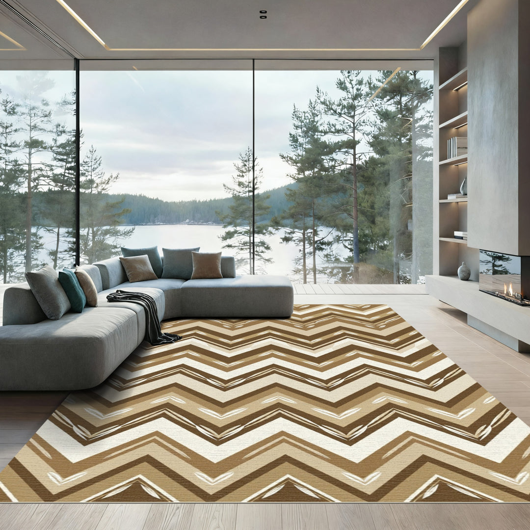 Brown Beige Chevron Zigzag Accents Rug