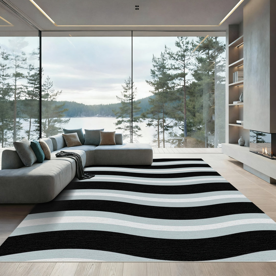 Black Gray White Wavy Stripe Rug