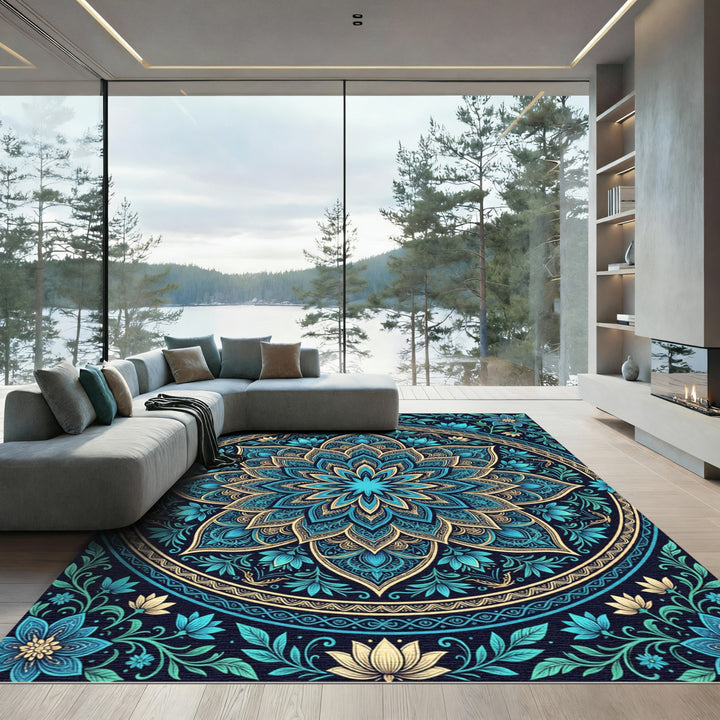 Teal Golden Floral Mandala Bloom Rug