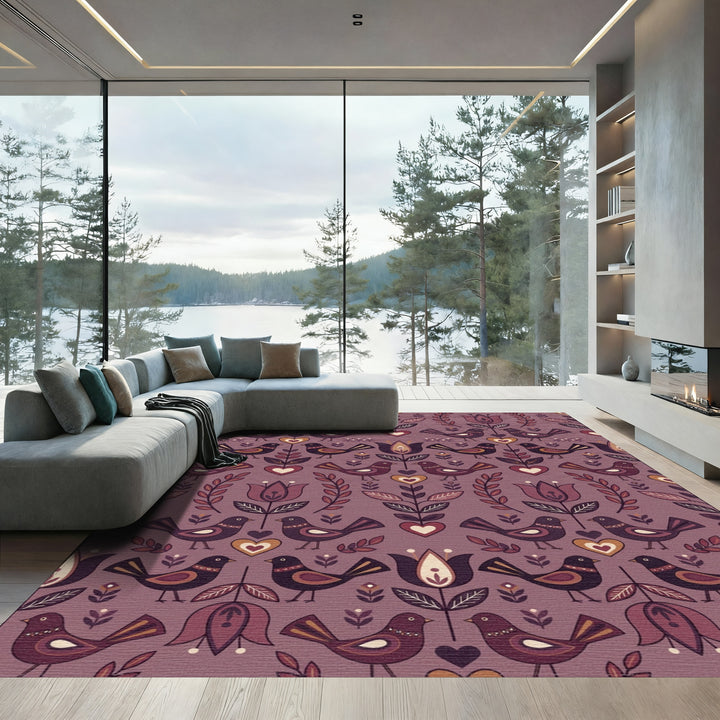 Muted Plum Folk Birds Heart Floral Rug