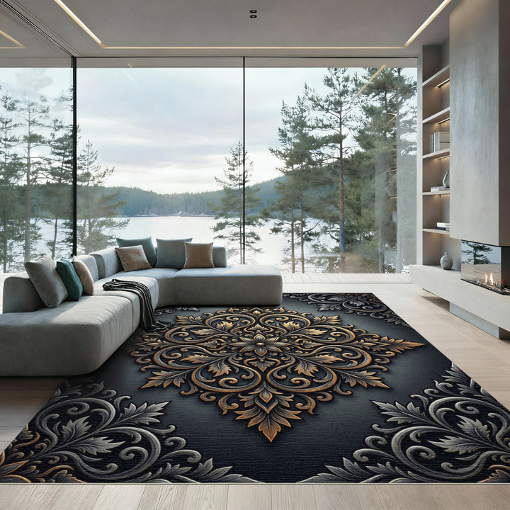 Antique Gold Black Filigree Medallion Rug