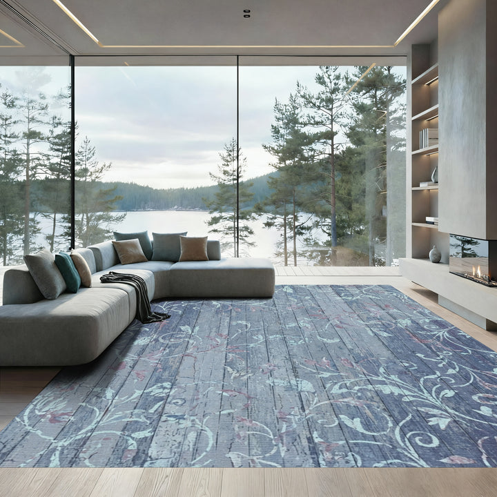 Distressed Blue Wood Floral Vine Rug