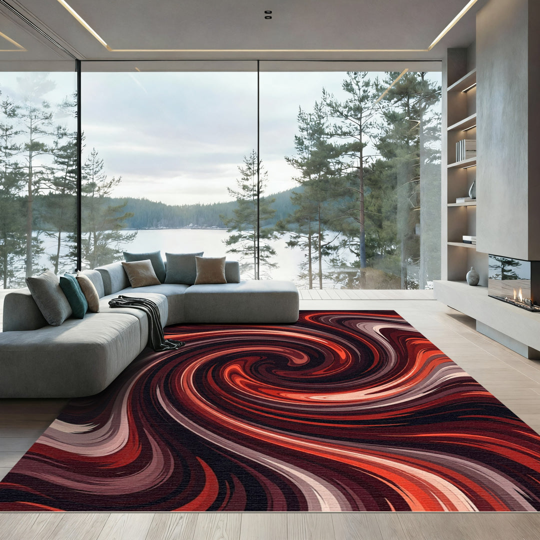 Vibrant Swirl Red Orange Abstract Rug