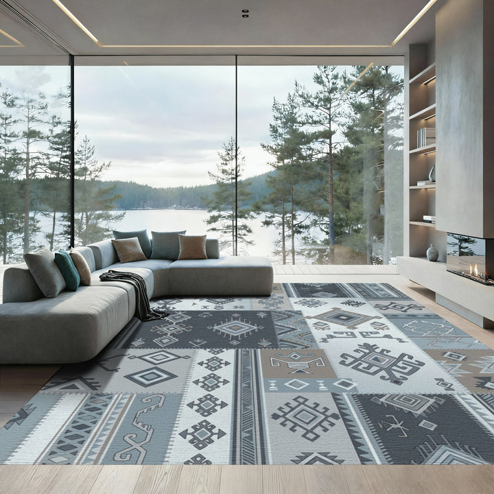 Patchwork Dusty Blue Geometric Tribal Rug